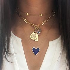 Heart, Disc, Tag Faux Diamond Charm Necklace Yellow Gold Plated 18" Length Bar 1'' Enamel heart 0.75'' Disc 0.75'' Charm Necklace Ideas, Necklace Stacks, Charms For Necklaces, Xo Necklace, Charm Bar, Diamond Outline, Diamond Charm Necklace, Star Choker, Diamond Heart Necklace