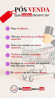 a shopping cart filled with items on top of a white background and the words pos venda que todos devem tier