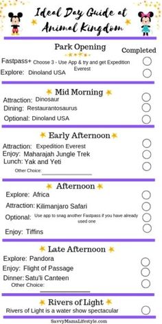 the disney world vacation checklist is shown in purple and white, with an image of mickey