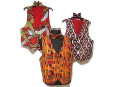 African print unisex vests are fully lined with cotton. These vests can be worn by a male or female and can be dressy or casual. They come with a matching bow tie and pocket square, (8"x8"). Please check the listings for matching items such as bags, pants, or tops.  Small: 39", Medium: 43", Large 47", shoulder to waist 23" and shoulder to bottom of point front is 25".Y ou can also order teen and child sizes.  Teen: small 30"32", Medium 32"'34", Large 34"-36". Child: Small 23"-25", Medium 25"-27" Black Label Society, Custom Sweatshirts, Vest Outfits, Short Coat, African Print, African Fashion, Black Cotton, Bow Tie, Coats For Women