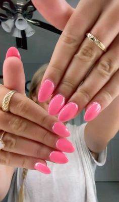 Nails For Back To School 2024, Pink Oval Nails Short, Back To School Nail Colors, Hot Pink Nails Almond, Pink Nail Inspo Almond, Oval Pink Nails, Almond Nails Colorful, Nail Inspo Basic, Hot Pink Nails Acrylic