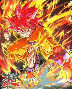 an anime character with red hair and orange eyes is flying through the air, surrounded by fire