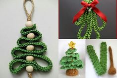 crochet christmas tree ornaments are shown in four different pictures, including an ornament