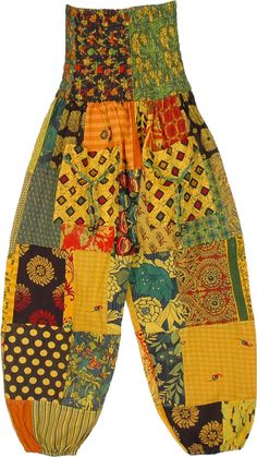 An easy-breezy look for the summers, these harem pants are comfy and a big mood lifter! With its bright-hued shades of yellow, the patchwork is a happy amalgamation of patterns patched together harmoniously.  The loose-fit pants are snug at the waist as the waist has a smocked style, and also at the ankles with elastic. #tlb #SplitSkirtsPants #Patchwork #Pocket #Yoga #vacationclothing #beachwrap #Floral #Printed #Patchworkharemcottonpants #smockedwaistpants #yogapants Summer Orange Patchwork Bottoms, Yellow Patchwork Bottoms For Spring, Multicolor Patchwork Harem Pants For Spring, Spring Multicolor Patchwork Harem Pants, Spring Yellow Bottoms With Patchwork, Spring Yellow Patchwork Bottoms, Summer Multicolor Cotton Harem Pants, Multicolor Floral Patchwork Bottoms For Summer, Multicolor Cotton Harem Pants For Summer