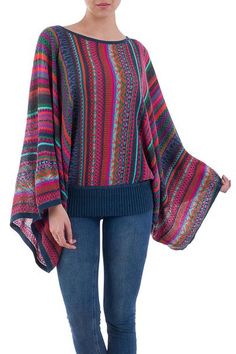 Sweater, 'Fiesta of Color' - Colorful Striped Alpaca Wool Blend Sweater from Peru Peru Fashion, Patterned Sweaters, Moda Peru, Striped Kimono, Poncho Top, Striped Pullover, Blue Pullover, Poncho Tops, Knitted Poncho