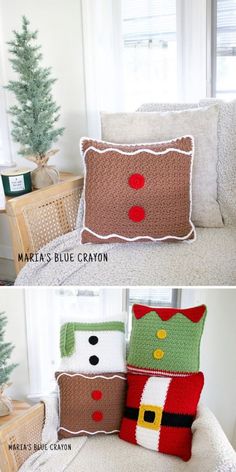 crocheted christmas pillows made to look like santa's sacks and chest