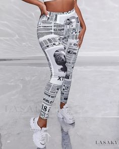 Lasaky - Premium High-Waisted Newsprint Leggings High Waist Stretch Printed Bottoms, Non-stretch White Printed Bottoms, White Stretch Printed Pants, Casual Graphic Print Leggings For Streetwear, Spring Graphic Print Stretch Leggings, Stretch Printed Streetwear Bottoms, High Waist Stretch Bottoms With Graphic Print, Stretch Printed Bottoms For Streetwear, White Casual Letter Print Leggings