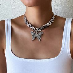 Butterfly Rhinestone Choker Necklace - 4 Colors Iced Out Cuban Link Chain, Butterfly Necklace Gold, Big Butterfly, Y2k Jewelry, Cuban Link Chain Necklaces, Rhinestone Choker Necklace, Statement Choker Necklace, Rhinestone Choker, Hip Hop Jewelry