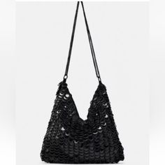 Nwt. Zara Black Shoulder Bag With Metal Beads On The Exterior. Magnetic Clasp Closure. Height X Length X Width 26,5 X 22 X 6 Cm. / 10.4 X 8.6 X 2.3″. Ref. 6315/210 Zara Purse, Black Bucket Bag, Zara Mini, Faux Leather Purse, Zara Bags, Zara Leather, Fabric Tote, Black Shoulder Bag, Magnetic Clasp