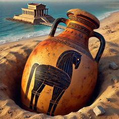 an old vase with a horse painted on it is buried in the sand by the ocean