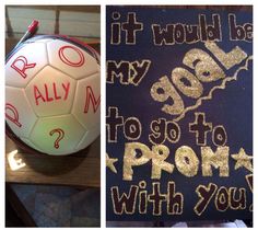 two pictures one has a soccer ball and the other has writing on it