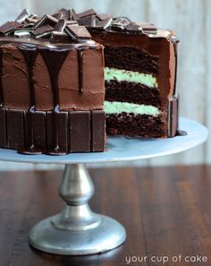 a chocolate cake with white and green frosting