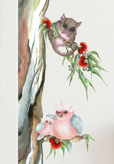 a cat sitting on top of a tree branch next to two birds and red flowers