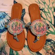 These Are Size 7 Embroidered Sandals With The Monogram For Someone With The Initials Klb. New, Never Worn, Still Connected. Very Pretty Embroidered Sandals, Birkenstock Madrid Big Buckle, Leopard Sandals, Strappy Leather Sandals, Black Leather Dresses, Black Flip Flops, Ankle Wrap Sandals, Bow Sandals, Wrap Sandals