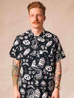 Dead Tired Button Up Shirt – Edge of Urge Food Socks, Unique Breakfasts, Hawaiian Tiki, Food Shirt, Breakfast Food, Mens Button Up, Fleece Sweater, Collared Shirt, Food Design