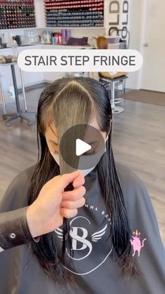 Sonna Jean Brado on Instagram: "How do you update a curtain fringe? 🤷‍♀️ Try this Stair Step Fringe! It transitions from short to long without blending and gives a fresh feeling to what we have been doing for a while now.👍 The key is to use the natural curvatures to create your sections, this way the separation between the steps feels and looks natural. @angelbladescissors @sharpscissorsociety . . . . #curtainfringe #bangs #seriousbeauty #longshag #longhair #haircuttingtutorials #beautifulh Step Cut With Curtain Bangs, Selena Gomez Bangs Fringes, How To Cut A Fringe At Home, How To Face Frame Your Own Hair, How To Cut Long Bangs At Home, How Cut Bangs Tutorials, Little Bangs Fringes, Fringe Bangs Diy, Curtain Bangs Diy Cut