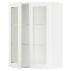 an empty white cabinet with glass doors on the front and back sides, is shown