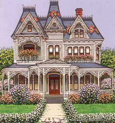 this is an artist's rendering of a victorian house with flowers in the front yard