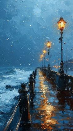 a painting of a street light on a rainy day by the ocean with water splashing over it