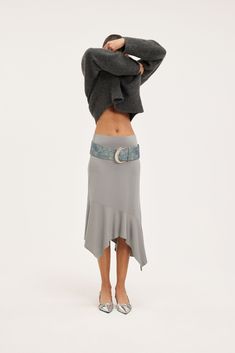 Asymmetric midi skirt - Grey - Monki Asymmetric Midi Skirt, Versatile Midi Maxi Skirt For Spring, Versatile Midi Skirt For Spring, Trendy Asymmetrical Fall Skirt, Stretch Asymmetrical Skirt, Versatile Stretch Asymmetrical Skirt, Chic Asymmetrical Draped Stretch Skirt, Casual Asymmetrical Maxi Skirt For Fall, Trendy Flowy Midi-length Skirt