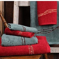 Barbed Wire Embroidered Bathroom Towels in Red or Turquoise - Your Western Decor Barbed Wire Embroidery, Western Shower Curtain, Wire Embroidery, Mocha Cream, Embroidered Bath Towels, Best Bath Towels, Towel Decor, Western Rustic