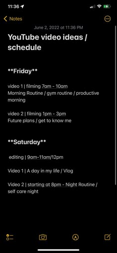 an iphone screen with the text youtube video ideas / schedule