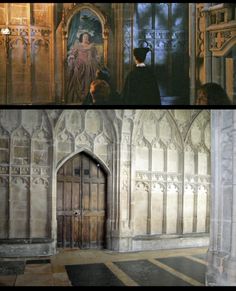 two pictures of people standing in front of an ornate building and one has a door