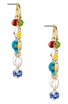 Colorful glass beads and glossy imitation pearls give a fringey boho look to drop earrings that move with you. 3" drop; 1 1/4" width Glass/imitation pearl/18k-gold plate Imported Multicolor Bohemian Jewelry With Pearl Drop, Bohemian Multicolor Pearl Drop Jewelry, Beaded Drop Earrings, Earrings In Gold, Boho Look, Colored Glass, Glass Beads, 18k Gold, Gold Plate