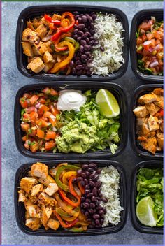 six plastic containers filled with different types of salads and rice on top of each other