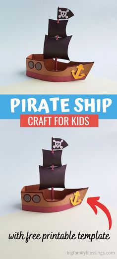 Picture of the pirate ship craft for kids. Pirate Ship Template Free Printable, Pirate Flag Craft, Pirate Printables Free Templates, Pirate Ship Template, Pirate Ships Diy, Ship Template, Cardboard Pirate Ship