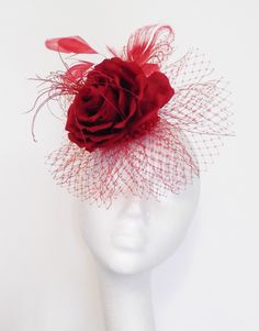 Scarlet Red Rose Hair Fascinator Hand Crafted in Silk with Veil £45.00 Folksy Wedding, Hair Fascinators, Veil Fascinator, Fascinator Hair, Rose Spray, Fascinator Hairstyles