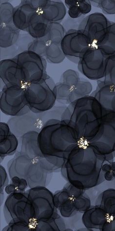 an abstract background with black flowers and gold dots on the bottom right corner, in shades of blue