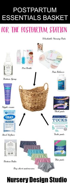 a basket with many items in it and the words nursery design studio above it that says, postpartum essentials basket for new moms recovery