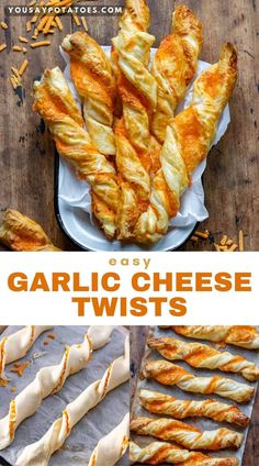 garlic cheese twists with text overlay that says easy garlic cheese twists on top and bottom