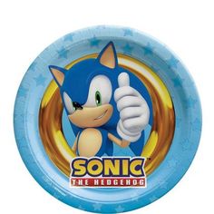 a blue paper plate with an image of sonic the hedgehog on it