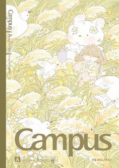 a book cover with flowers and rabbits in the grass