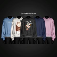 several sweaters are shown in different colors and sizes, with the words layered sweatshirt ii printed on them