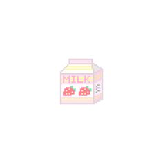 a bottle of milk with strawberries on the front and back side, in pixel art style