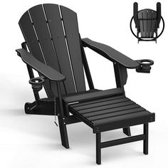 Adirondack chair with ottoman is upgraded in 2023! Two perfectly hidden cup holders are added to both armrests, providing a spacious room for your favorite drinks or media devices. Retractable ottoman creates a perfect area to relax your legs. Reclined legs make the chair even more sturdy and stable. Slatted seating sheds rainwater and dries quickly. Trimmed edges keep you and your kids safe while enjoying the sunshine Size: 1 Pc.  Color: Black. Poolside Chairs, Ottoman Black, Folding Adirondack Chair, Deck Backyard, Wood Adirondack Chairs, Modern Adirondack, Folding Adirondack Chairs, Plastic Adirondack Chairs, Chair With Ottoman