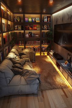 Movie Room Interior Design, Living Room Decor Small Space Cozy, Movie Den Room, Home Theatre Small Room, Cool Interior Design Living Room, Small House Interiors Ideas, House Den Ideas, Movie Room Small Space, Media Room Small Space