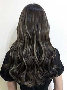 Beige Highlights On Black Hair, Milk Tea Brown Highlights On Black Hair, Soft Highlights For Black Hair, Black Hair Color Ideas Highlights, Ashy Brown Highlights On Black Hair, Light Blonde Highlights On Black Hair, Colored Highlights On Black Hair, Streaky Highlights On Black Hair, Half Head Highlights Black Hair