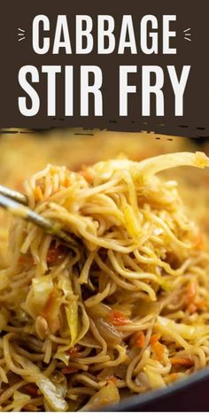 a close up of food in a pan with the words cabbage stir fry