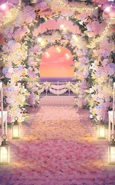 an image of a wedding ceremony with flowers on the aisle and lights in the background