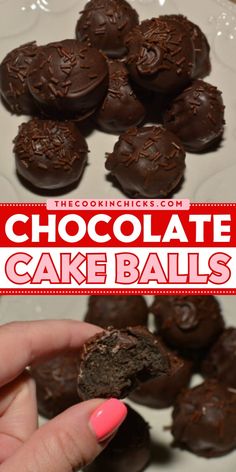 chocolate cake balls on a plate with pink nail polish and text overlay that reads, chocolate cake balls