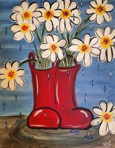 a painting of a red boot with white daisies in it and raindrops on the ground