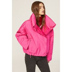 Pink polyester (100% Polyester). Jacket. Long sleeves. Collar. Front button closure. 24" from shoulder to hemline. Imported. Hot Pink Cropped Puffer Jacket, Pink Long Sleeve Puffer Jacket With Padded Collar, Pink Winter Puffer Jacket With Pockets, Luxury Pink Puffer Jacket With Padded Collar, Pink Long Sleeve Puffer Jacket With Zipper Closure, Pink Coat, Rent The Runway, Closet Designs, Bright Pink