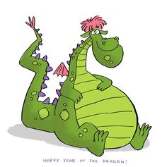 a green dragon with pink hair sitting on its back and the words happy year of the dragon