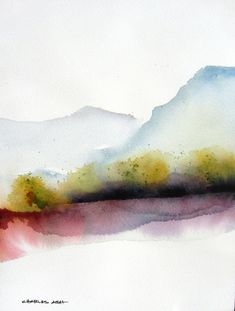 a watercolor painting of mountains with trees in the foreground