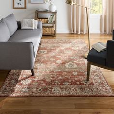 a living room with a couch, chair and rug