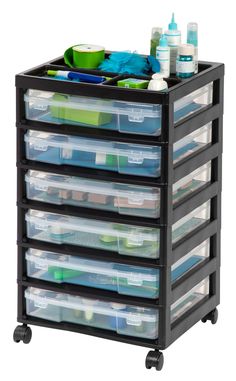 a black cart filled with lots of plastic containers